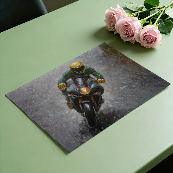 Artistic depiction of a motorcycle rider on a textured surface with pink roses on a green table.
