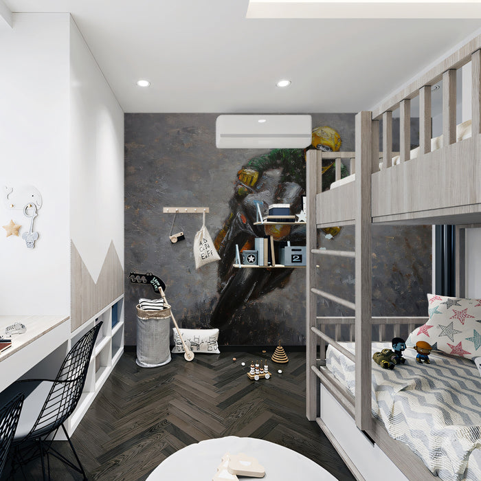 Children's bedroom with bunk bed, desk, and wall art
