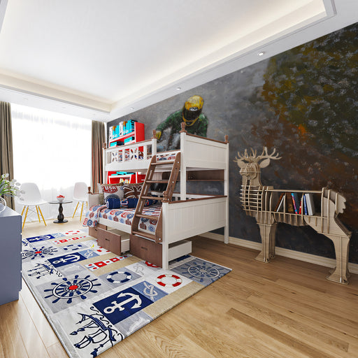 Children's bedroom with a bunk bed, desk, and decorative rug.