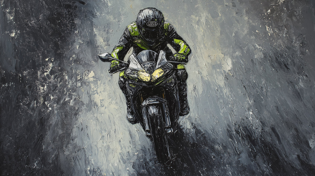 Black and Green Racer Oil Painting Mural Wallpaper | High Texture, Dynamic Motion, Monochrome Backdrop