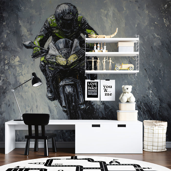 Black and Green Racer Oil Painting Mural Wallpaper | High Texture, Dynamic Motion, Monochrome Backdrop