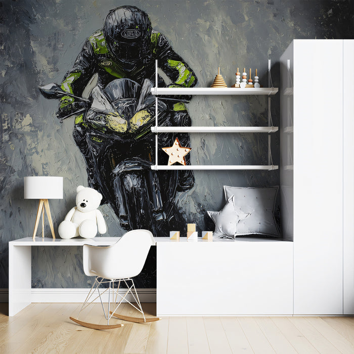 Black and Green Racer Oil Painting Mural Wallpaper | High Texture, Dynamic Motion, Monochrome Backdrop