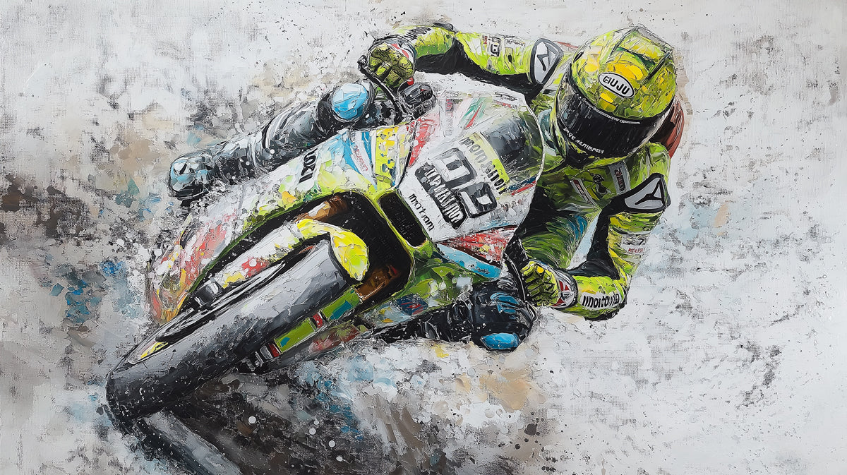 Abstract Road Race Oil Painting Mural Wallpaper | High-Angle View, Neon Green Uniform, Chaotic Texture