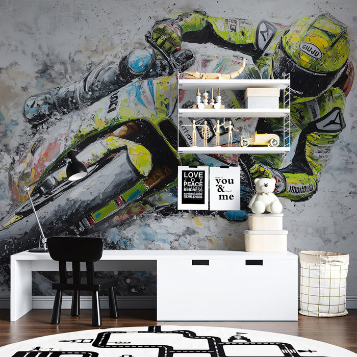 Abstract Road Race Oil Painting Mural Wallpaper | High-Angle View, Neon Green Uniform, Chaotic Texture