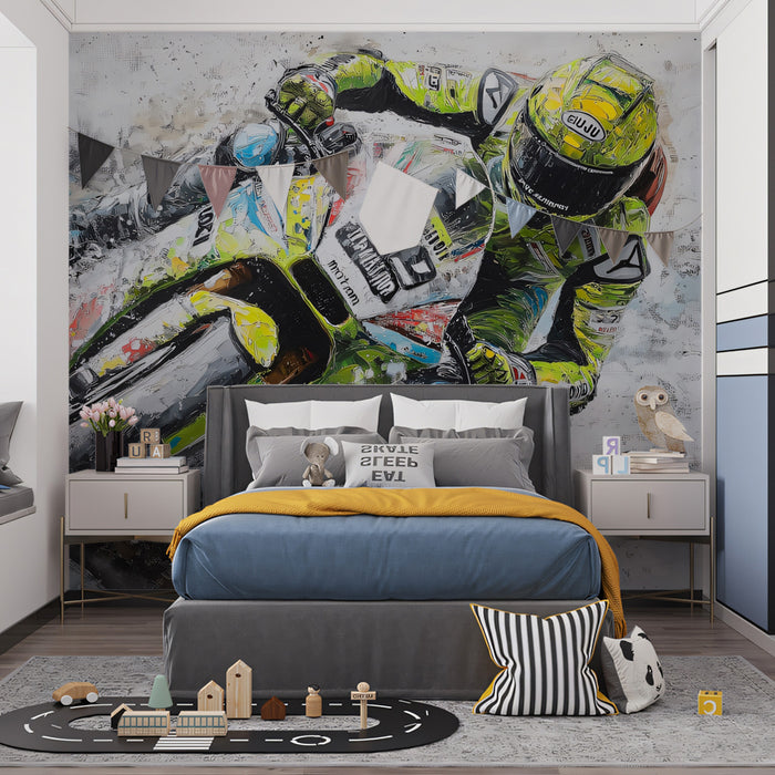 Abstract Road Race Oil Painting Mural Wallpaper | High-Angle View, Neon Green Uniform, Chaotic Texture