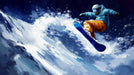 Snowboarder in mid-air over a snowy mountain with a dark blue sky.