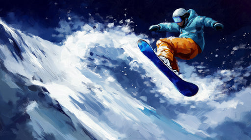 Snowboarder in mid-air over a snowy mountain with a dark blue sky.