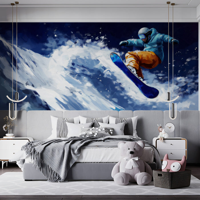 Modern bedroom with a large wall mural of a snowboarder and decorative items on the bed.