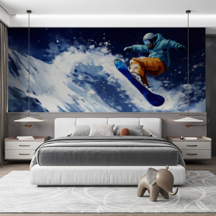 Modern bedroom with a large wall mural of a snowboarder and two pendant lights.
