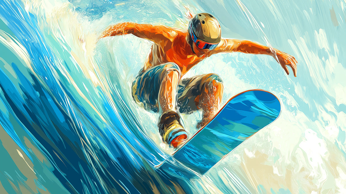 Snowboarder Big Wave Mural Wallpaper | Pop Art Style, Blue and Orange Contrast, Dynamic Action