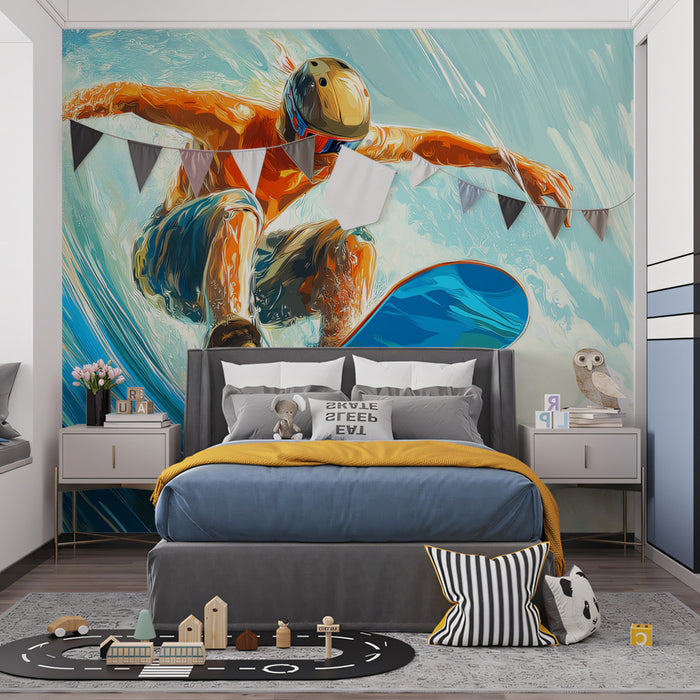 Snowboarder Big Wave Mural Wallpaper | Pop Art Style, Blue and Orange Contrast, Dynamic Action