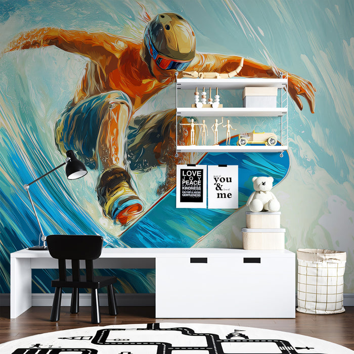Snowboarder Big Wave Mural Wallpaper | Pop Art Style, Blue and Orange Contrast, Dynamic Action