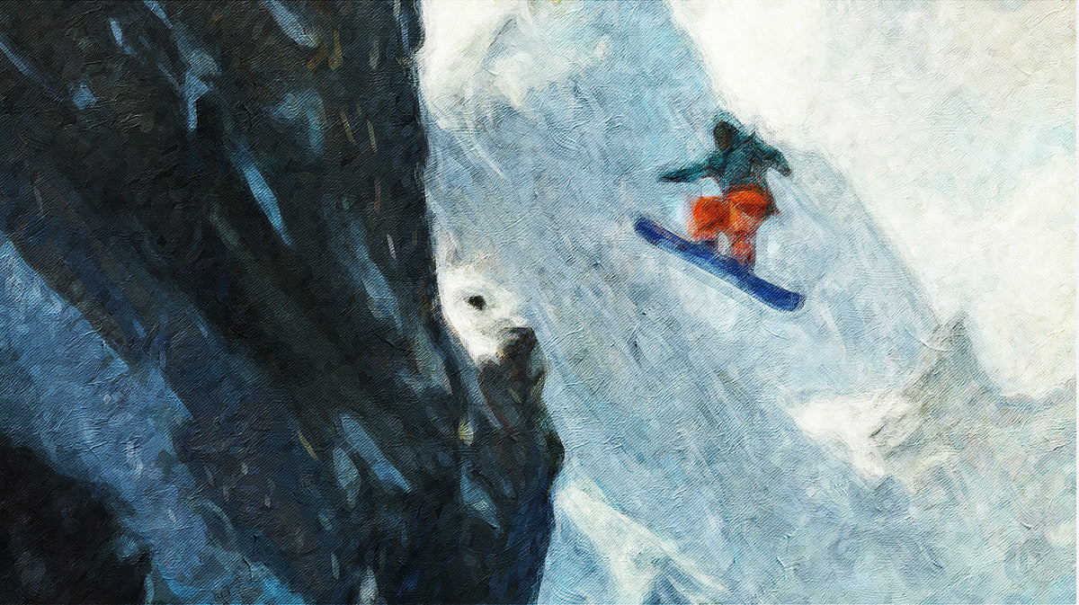 Extreme Slope Snowboarder Mural Wallpaper | Oil Painting Texture, High Vertical Drop, Dark and Light Contrast