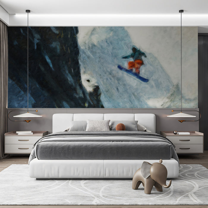 Extreme Slope Snowboarder Mural Wallpaper | Oil Painting Texture, High Vertical Drop, Dark and Light Contrast