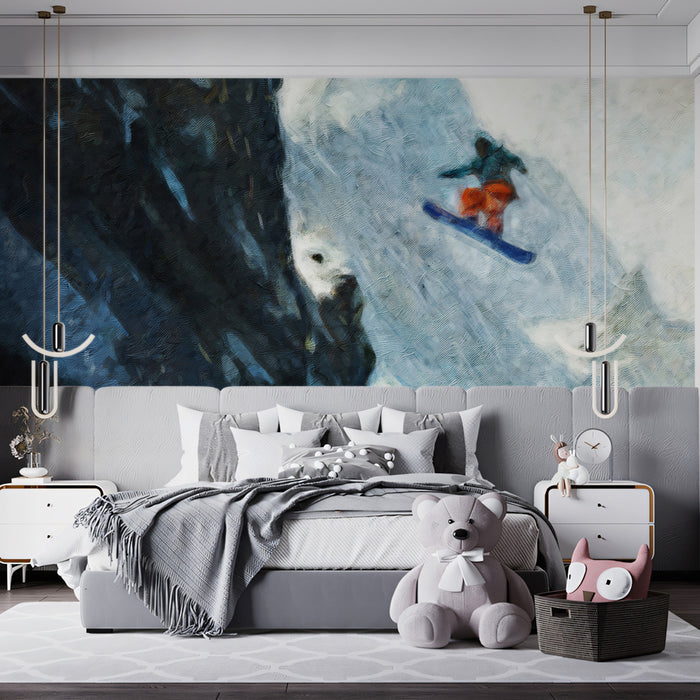 Extreme Slope Snowboarder Mural Wallpaper | Oil Painting Texture, High Vertical Drop, Dark and Light Contrast