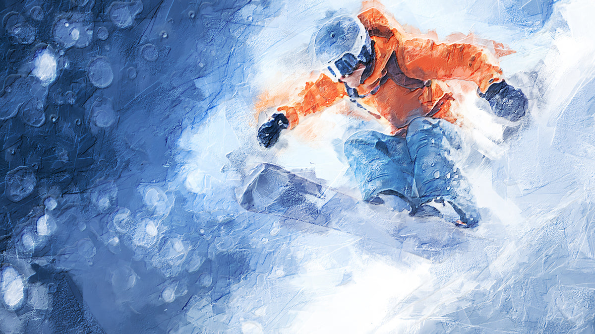 Snowboarder Abstract Blur Mural Wallpaper | Expressionist Snow, Cool Blue Palette, Dynamic Motion
