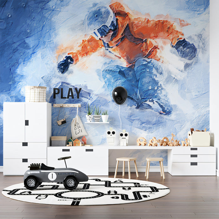 Snowboarder Abstract Blur Mural Wallpaper | Expressionist Snow, Cool Blue Palette, Dynamic Motion