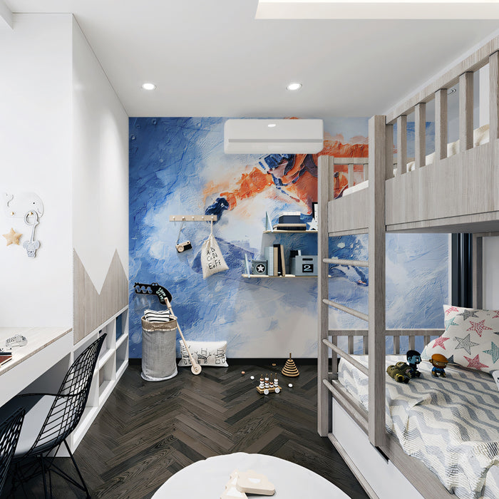 Snowboarder Abstract Blur Mural Wallpaper | Expressionist Snow, Cool Blue Palette, Dynamic Motion