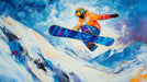 Colorful snowboarder in mid-air against a mountainous landscape