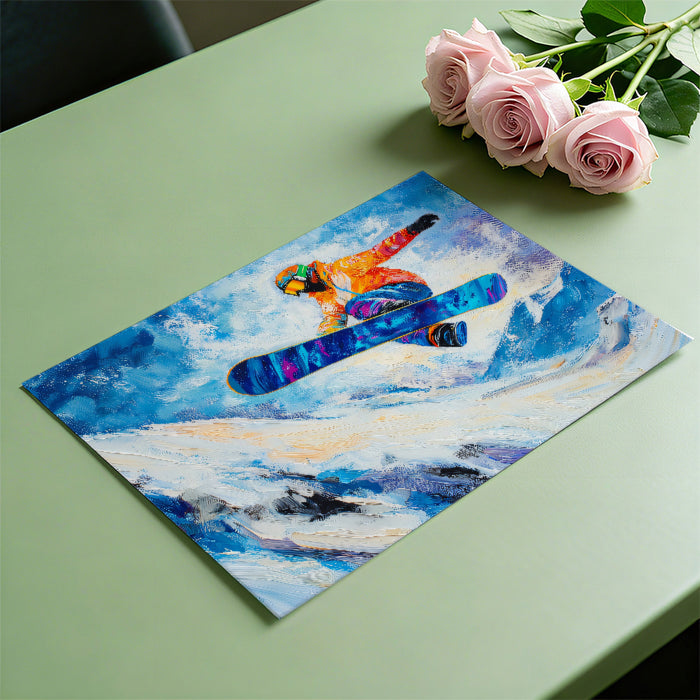 Artistic depiction of a snowboarder on a placemat with pink roses on a green surface