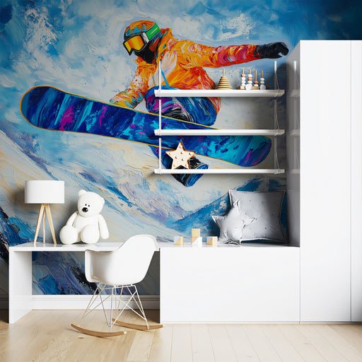 Modern room interior with colorful wall mural of a snowboarder, desk, and decorative items.