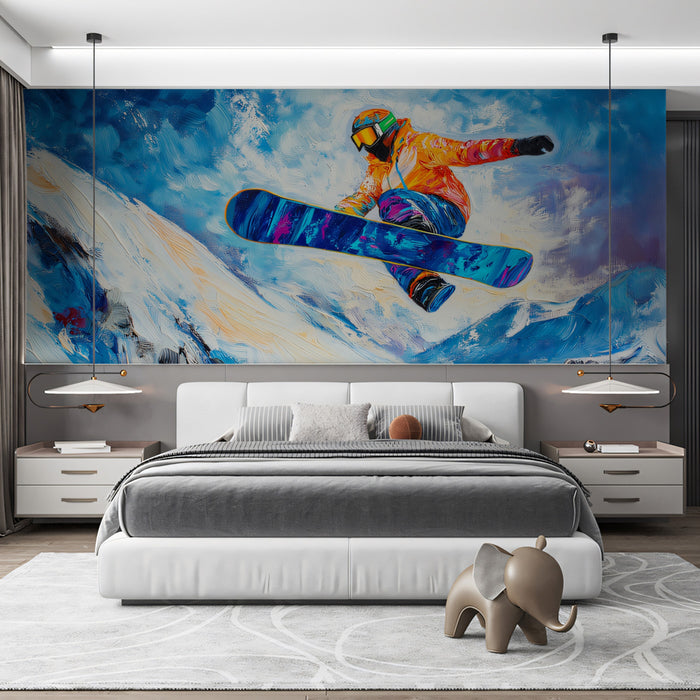 Modern bedroom with a large abstract painting of a snowboarder on the wall.