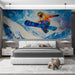 Modern bedroom with a large abstract painting of a snowboarder on the wall.