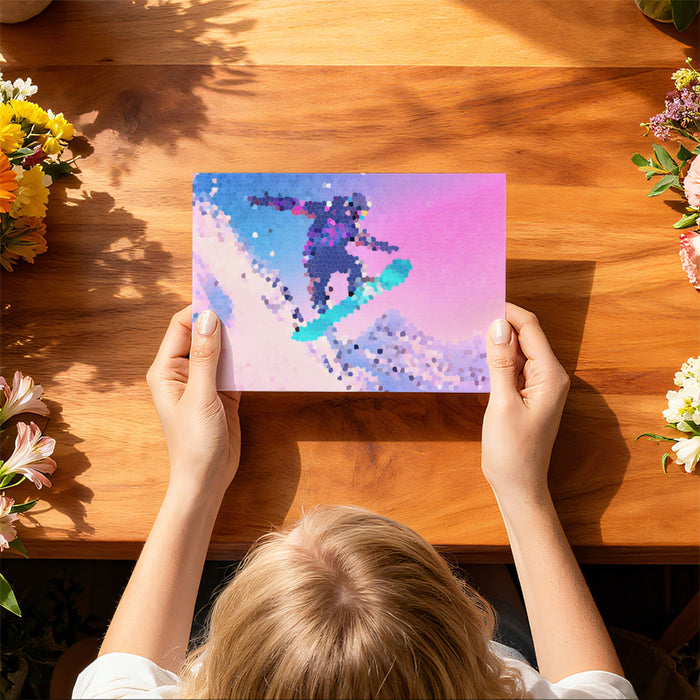 Pixel Mosaic Snowboarder Mural Wallpaper | Stained Glass Effect, Neon Pink and Blue, Abstract Action