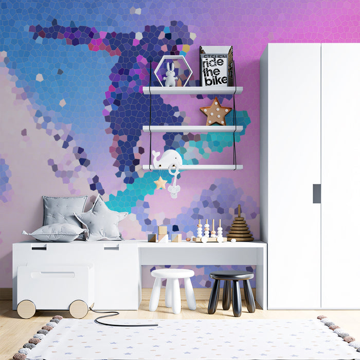 Pixel Mosaic Snowboarder Mural Wallpaper | Stained Glass Effect, Neon Pink and Blue, Abstract Action