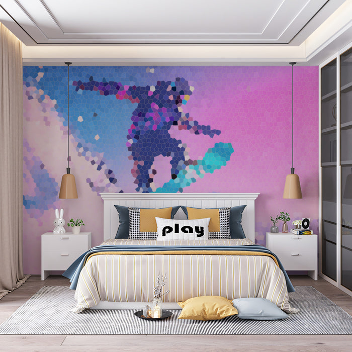 Pixel Mosaic Snowboarder Mural Wallpaper | Stained Glass Effect, Neon Pink and Blue, Abstract Action