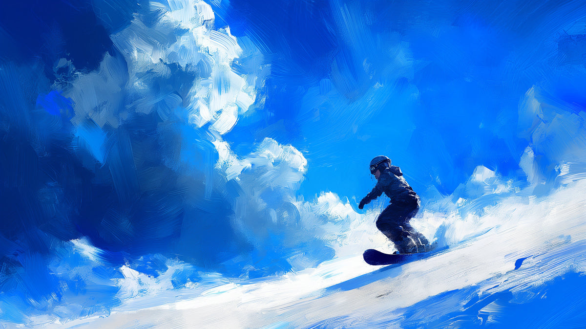 Blue Brushstroke Snowboarder Mural Wallpaper | Expressionist Style, High Contrast, Dynamic Winter Action