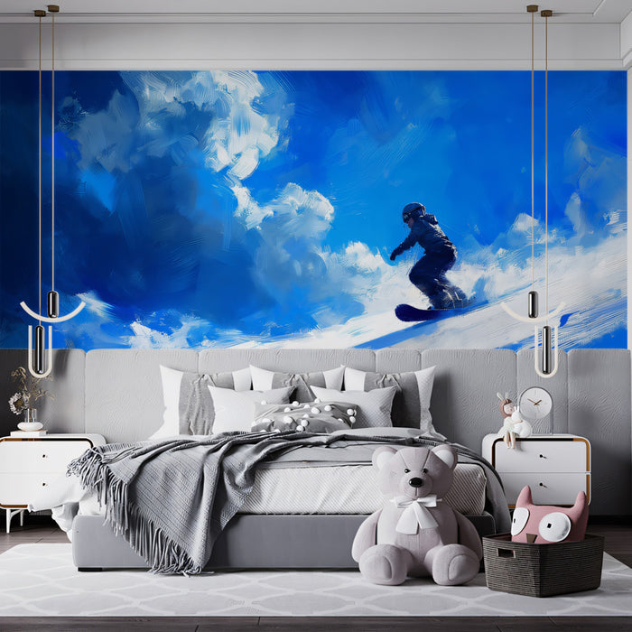 Blue Brushstroke Snowboarder Mural Wallpaper | Expressionist Style, High Contrast, Dynamic Winter Action