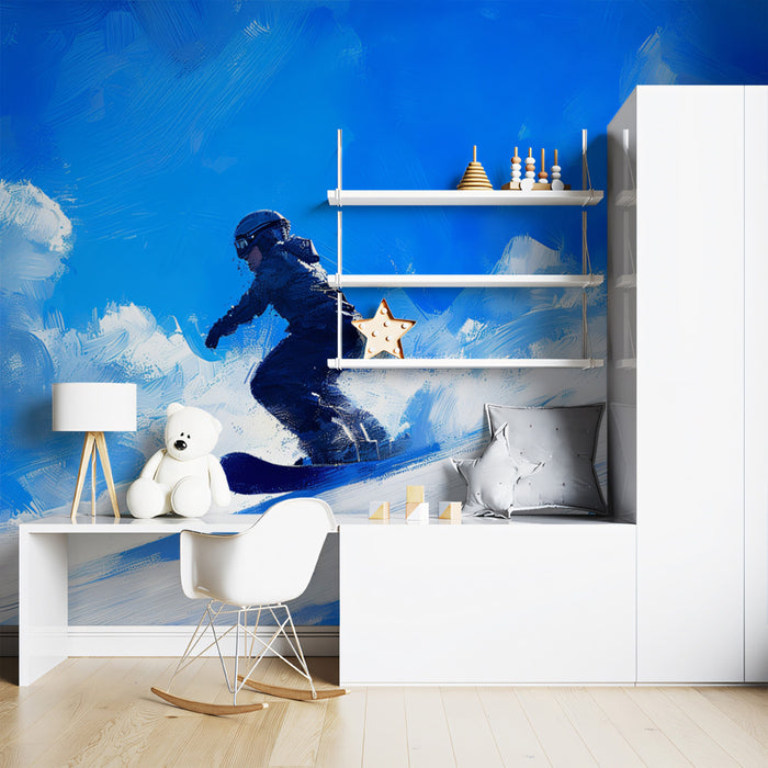 Blue Brushstroke Snowboarder Mural Wallpaper | Expressionist Style, High Contrast, Dynamic Winter Action
