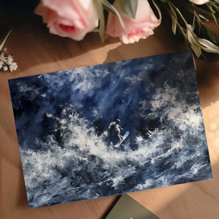 Abstract Snowboarder Storm Mural Wallpaper | Dramatic White Splatter, Dark Blue Oil Paint, Intense Texture