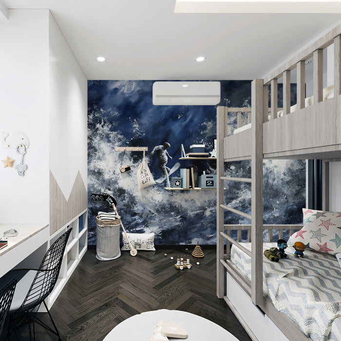 Abstract Snowboarder Storm Mural Wallpaper | Dramatic White Splatter, Dark Blue Oil Paint, Intense Texture
