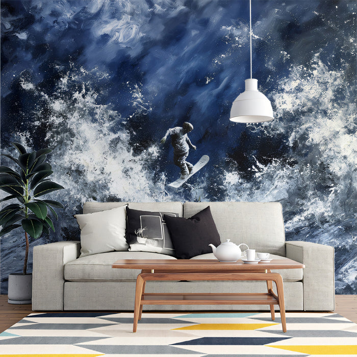 Abstract Snowboarder Storm Mural Wallpaper | Dramatic White Splatter, Dark Blue Oil Paint, Intense Texture