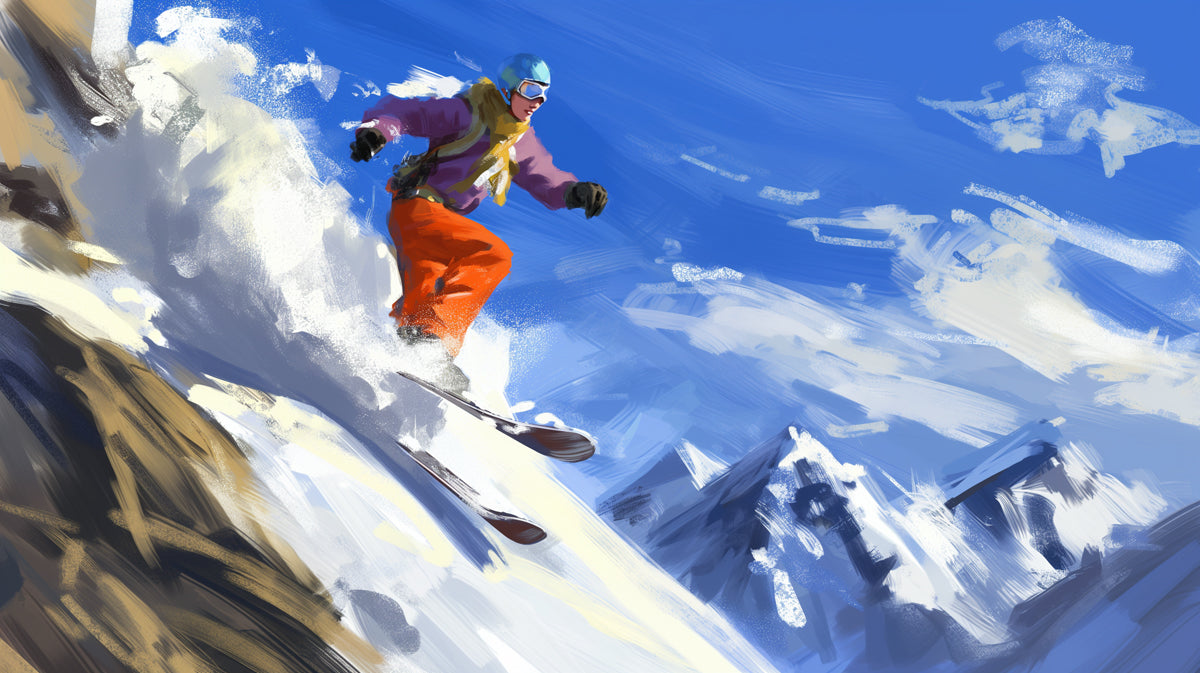 Colorful Ski Slope Action Mural Wallpaper | Expressionist Brushwork, Warm and Cool Contrast, Mountain Landscape