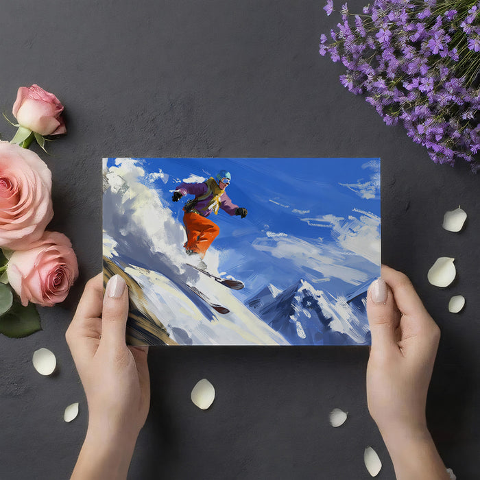 Colorful Ski Slope Action Mural Wallpaper | Expressionist Brushwork, Warm and Cool Contrast, Mountain Landscape