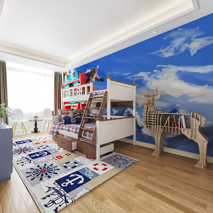 Colorful Ski Slope Action Mural Wallpaper | Expressionist Brushwork, Warm and Cool Contrast, Mountain Landscape