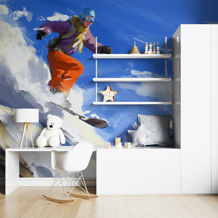 Colorful Ski Slope Action Mural Wallpaper | Expressionist Brushwork, Warm and Cool Contrast, Mountain Landscape