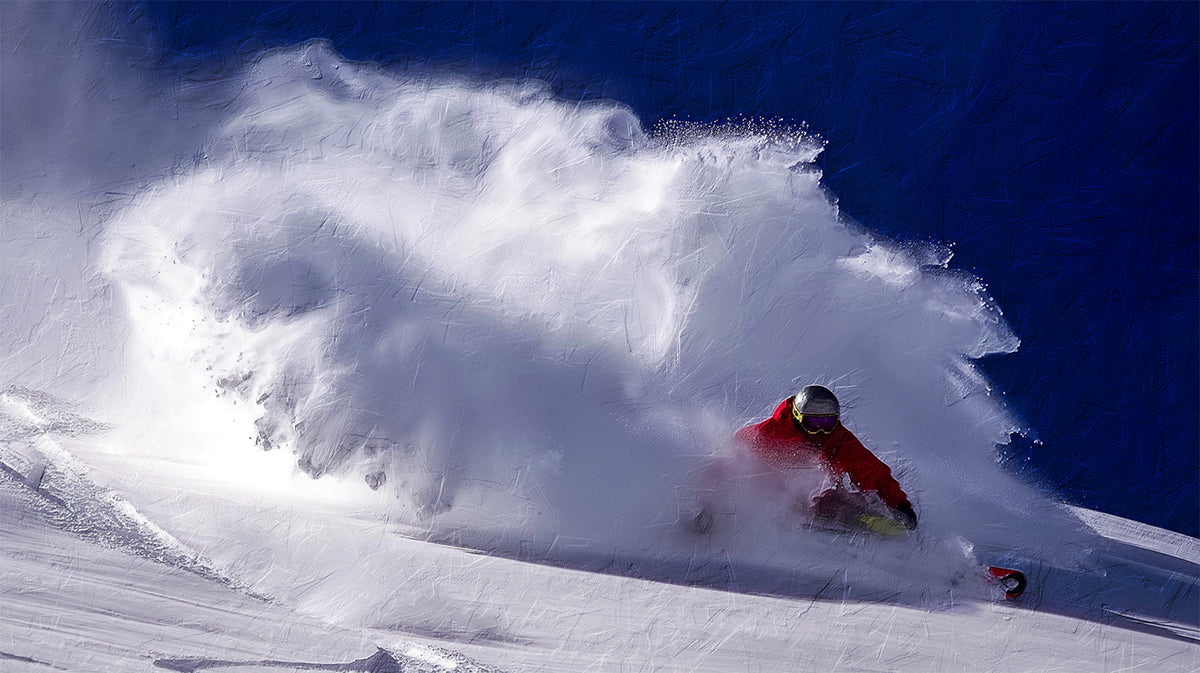 Powder Cloud Snowboarder Mural Wallpaper | Extreme Action, High Contrast, Dramatic Snow Spray