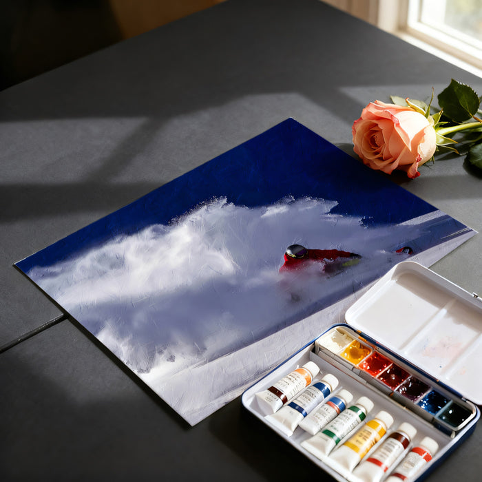 Powder Cloud Snowboarder Mural Wallpaper | Extreme Action, High Contrast, Dramatic Snow Spray