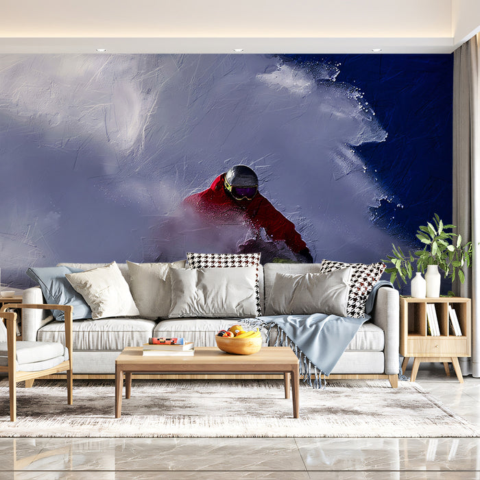 Powder Cloud Snowboarder Mural Wallpaper | Extreme Action, High Contrast, Dramatic Snow Spray