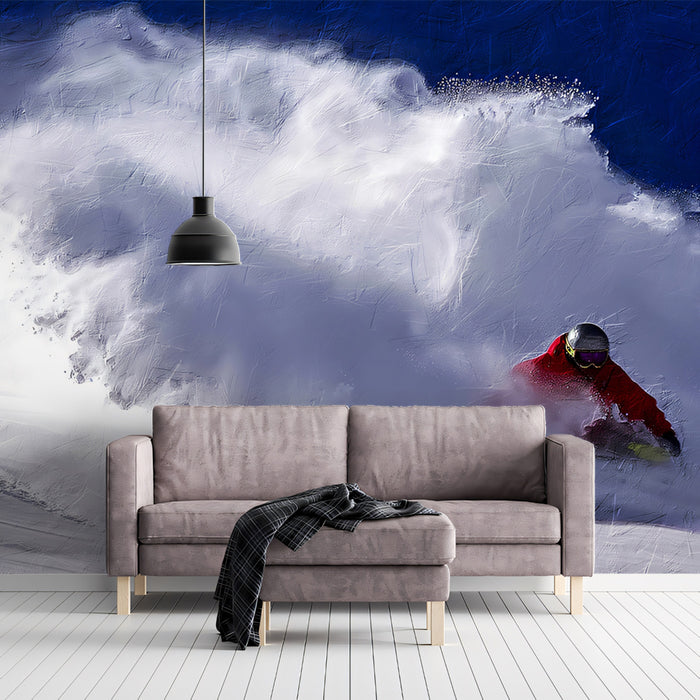 Powder Cloud Snowboarder Mural Wallpaper | Extreme Action, High Contrast, Dramatic Snow Spray