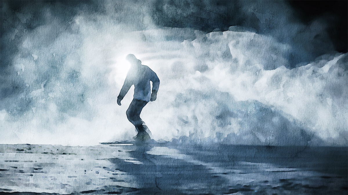 Misty Backlit Snowboarder Mural Wallpaper | Silhouette Figure, Ethereal Atmosphere, Monochrome Blue Wash