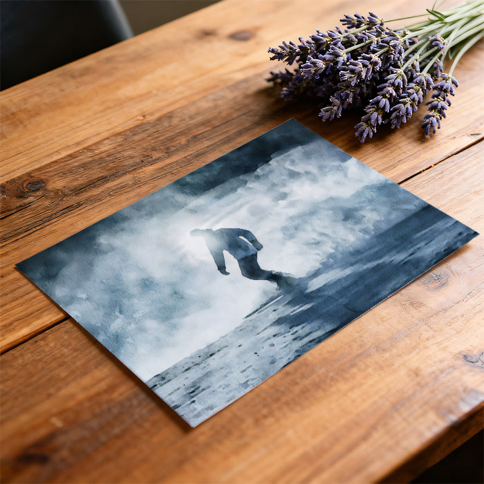 Misty Backlit Snowboarder Mural Wallpaper | Silhouette Figure, Ethereal Atmosphere, Monochrome Blue Wash