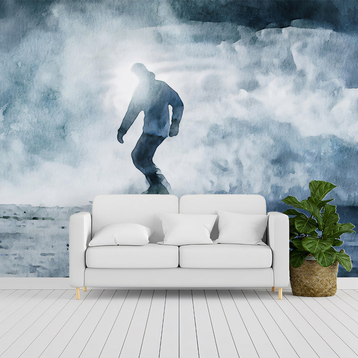 Misty Backlit Snowboarder Mural Wallpaper | Silhouette Figure, Ethereal Atmosphere, Monochrome Blue Wash