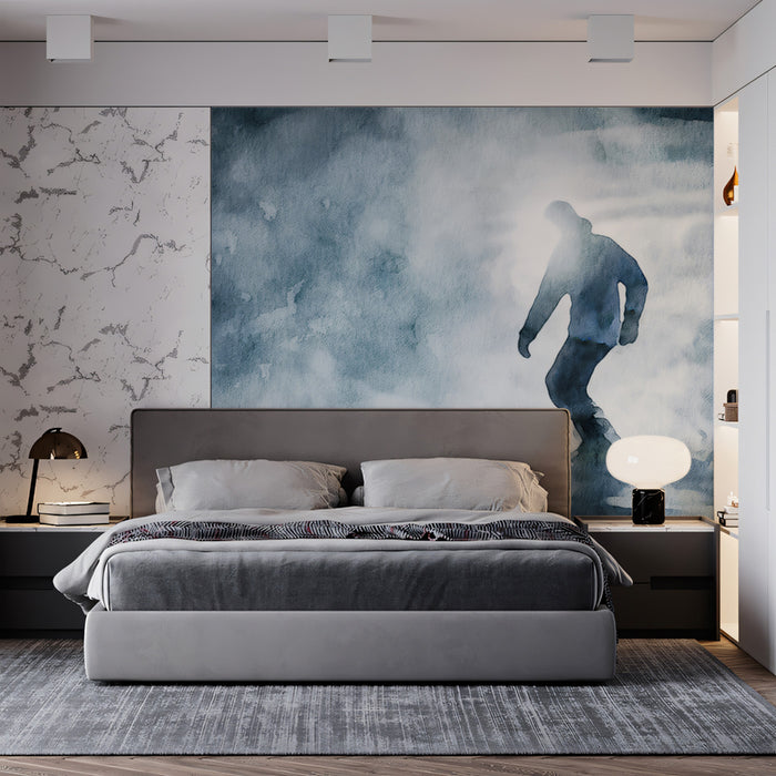Misty Backlit Snowboarder Mural Wallpaper | Silhouette Figure, Ethereal Atmosphere, Monochrome Blue Wash