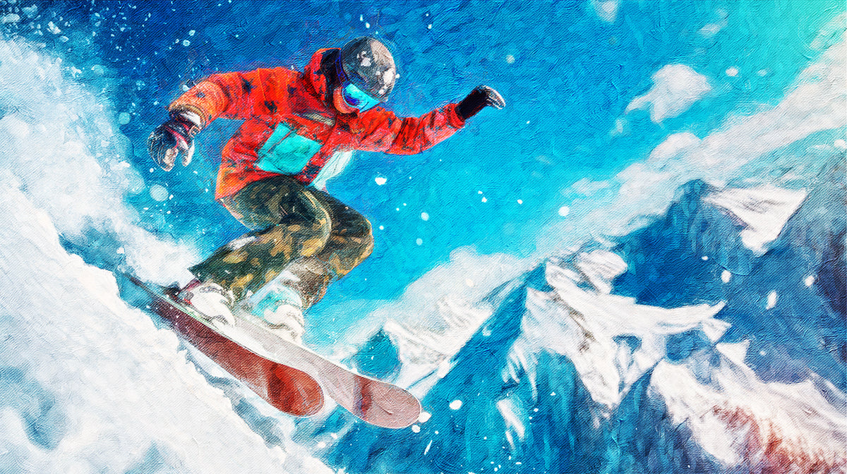 Vibrant Snowboarder Oil Painting Mural Wallpaper | Red and Blue Contrast, Mountain Peaks, High Texture Action