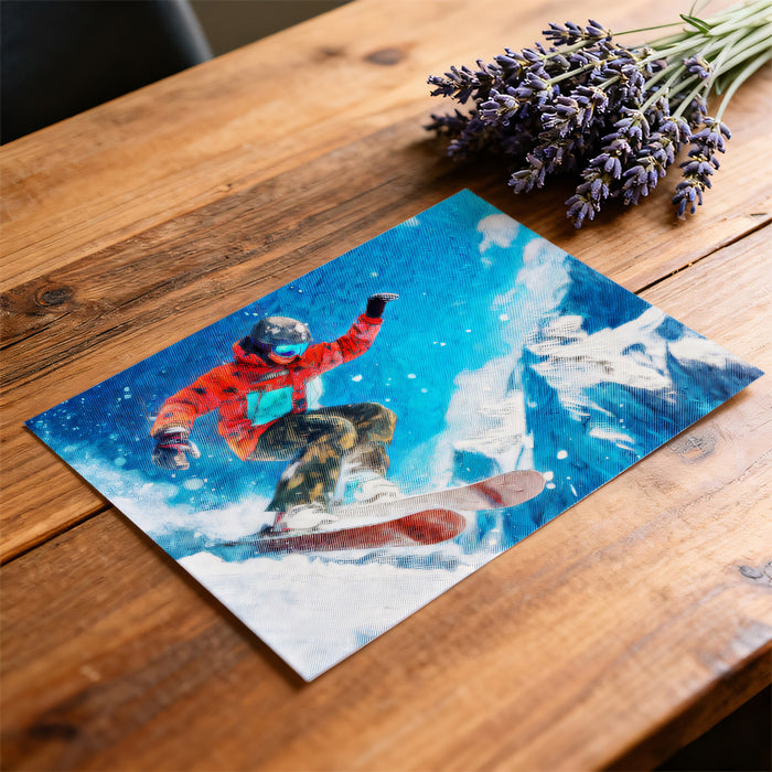 Vibrant Snowboarder Oil Painting Mural Wallpaper | Red and Blue Contrast, Mountain Peaks, High Texture Action